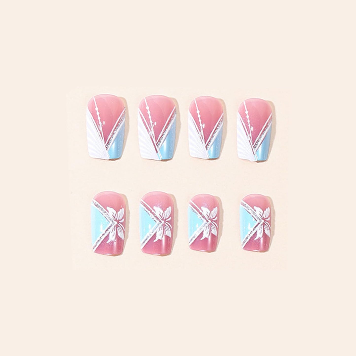 SINHOT Square Press on Nails - Short Fake Nails, Glossy Finish, White Butterfly & Rhinestones, DIY Artificial False Nail Art - 24 Pcs Nail Kit with Glue
