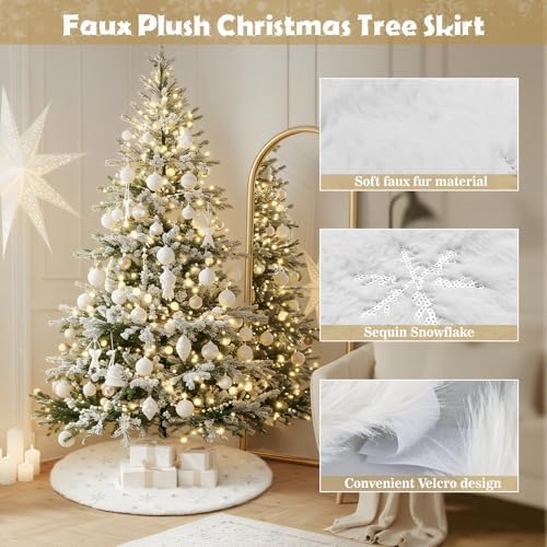 30" White Plush Faux Fur Christmas Tree Skirt with Silver Sequin Snowflakes