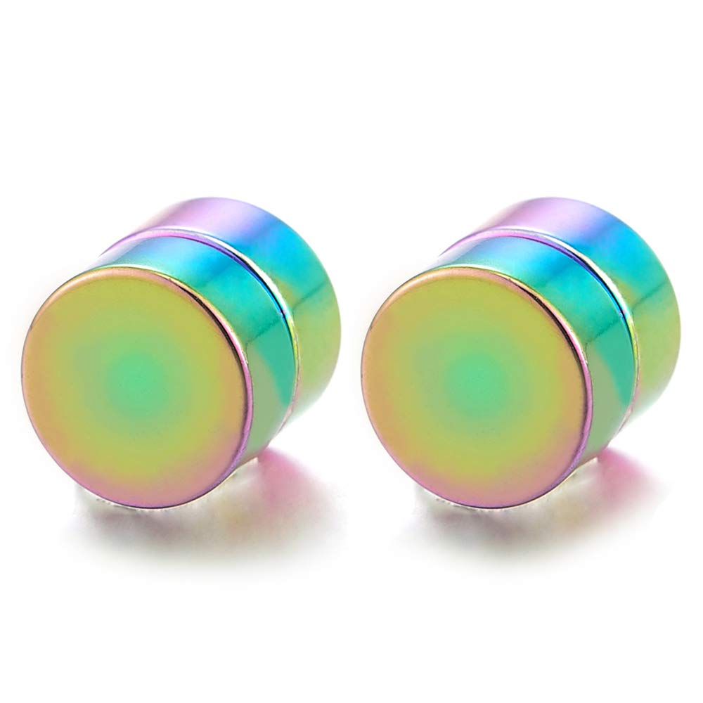 Men Women 6MM Rainbow Magnetic Circle Stud Earrings, Non-Piercing Clip On Cheater Fake Ear Gauges