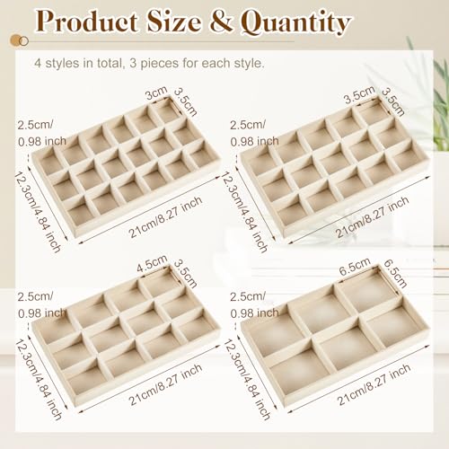 Junkin 12 Pcs Jewelry Tray Velvet Stackable Jewelry Organizer Trays Divided Earring Accessories Storage Containers Box (Rose Red) - color: Beige