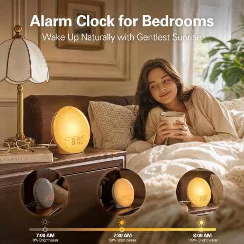 JALL Full-Screen Wake Up Light Sunrise Alarm Clocks for Bedrooms, White Noise Machine for Heavy Sleepers, 25 Natural Sounds, Dual Alarms, FM Radio, 17 Dimmable Colors, Bluetooth Speaker