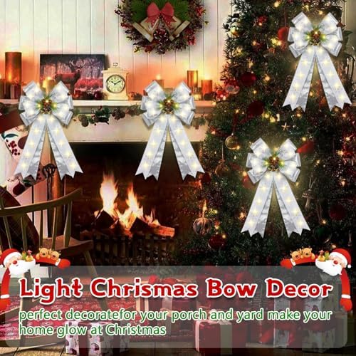 2 Pcs Pre-Light Christmas Decorative Bows for Wreath, 20 X 12” Large Christmas Tree Topper Bow with Bells, Berry, Pine Cones, 40 LED Silver Snowflake Ornament Bow for Indoor/Outdoor- White