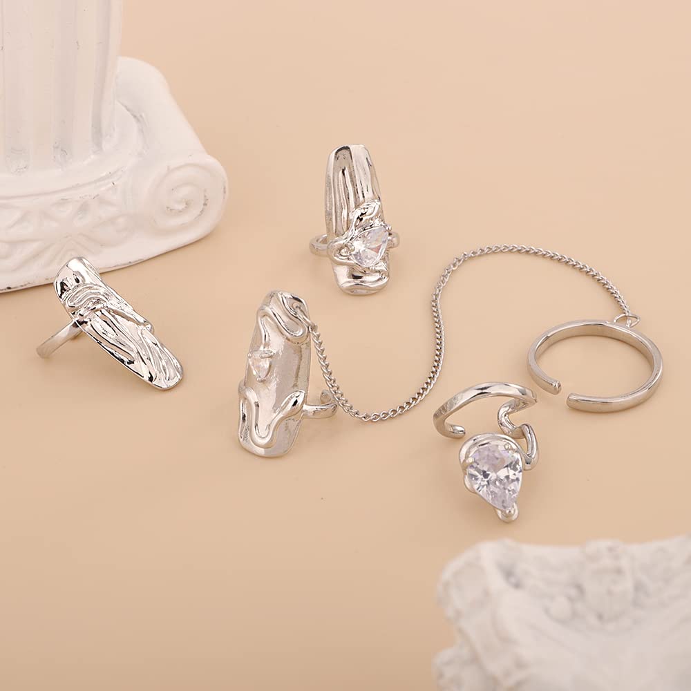 Rumtock 4pcs Punk Silver Fingertip Protective Nail Rings Set with Knuckle Chain Ring Manicure Jewelry for Women Gilrs