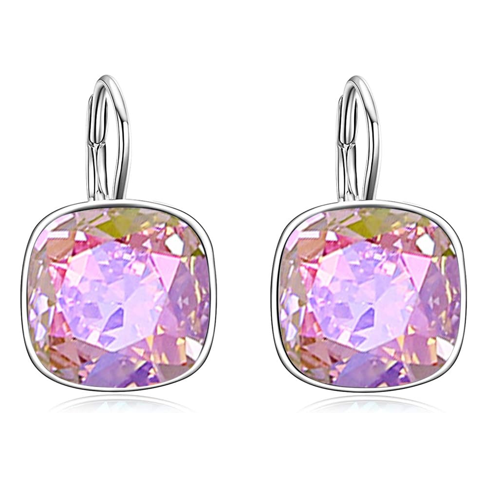 AOBOCO Sterling Silver Leverback Earrings Embellished with Crystals from Austria, Hypoallergenic Cushion Cut Square Crystal Earrings, Fine Anniversary Birthday Jewelry Gifts for Women (Fantasy Pink-10mm)