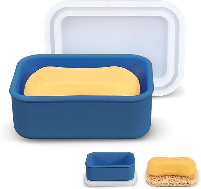 Blue Bar Soap Holder for Shower - Travel Soap Case with Self Draining Pads