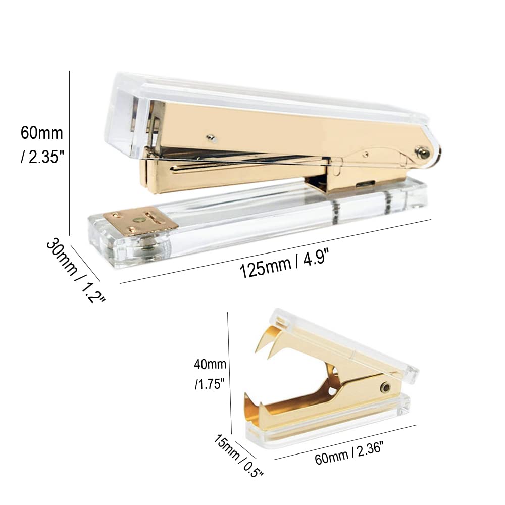 Office Stapler Staples Remover Set, Clear Acrylic Dark Gold Tone Desk Executive Manual Staplers and Staple Remover Tool for Desktop Accessories Supplies