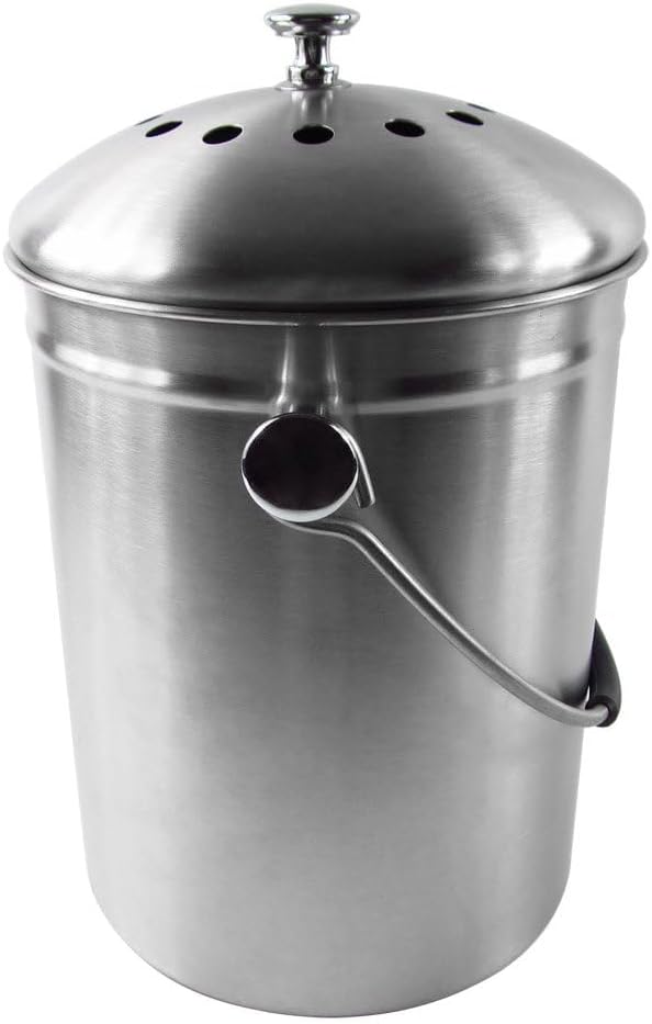 Abakoo Compost Bin 304 Stainless Steel Kitchen Composter Waste Pail Indoor Countertop Kitchen Bin Pail - Includes 4 Filters (1.3 Gallon)