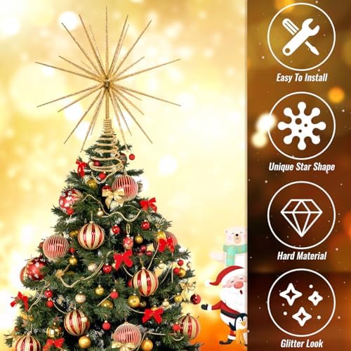 13.7 Inch Gold Christmas Tree Topper - 3D Burst Gold Tree Topper, Exploding Star Christmas Tree New Year Holiday Tree Decoration