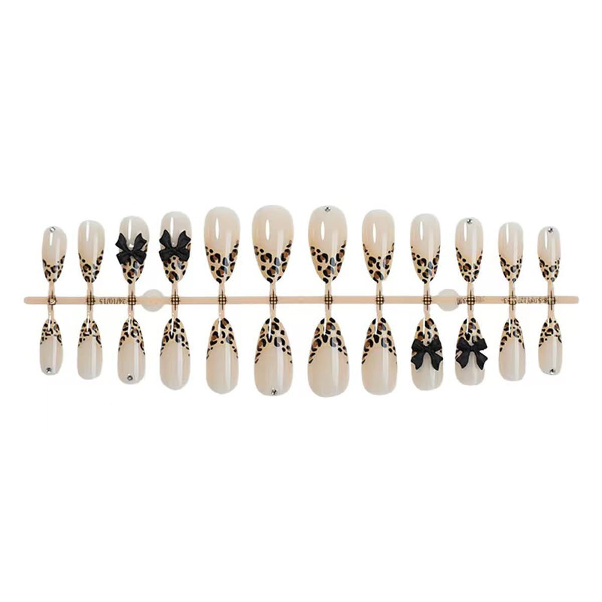 Leopard print French Tip Nail Press ons Medium Almond Fake Nails Bow False Nail with Design Glossy Full Cover Artificial Acrylic Stick on Nail for Women Girls Manicure 24Pcs