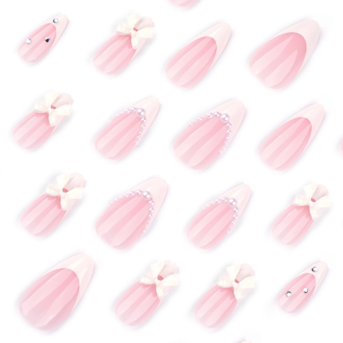 24Pcs French Tip Press On Nails Almond Shape Medium Fake Nails with 3D White Bow & Pearl Designs Pink White Full Cover Glue On Nails Reusable Acrylic False Nails for Women Manicure Decoration