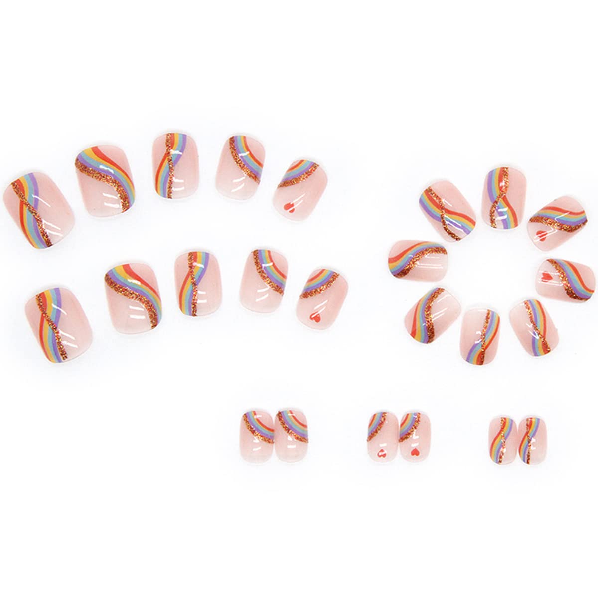 24Pcs Press on Nails Short, Rainbow Fake Nails Square, Glitter Press on Acrylic French False Nails Tips with Design, Colorful Stripes Heart Glossy Artificial Nails Gay Pride Stick On Nail