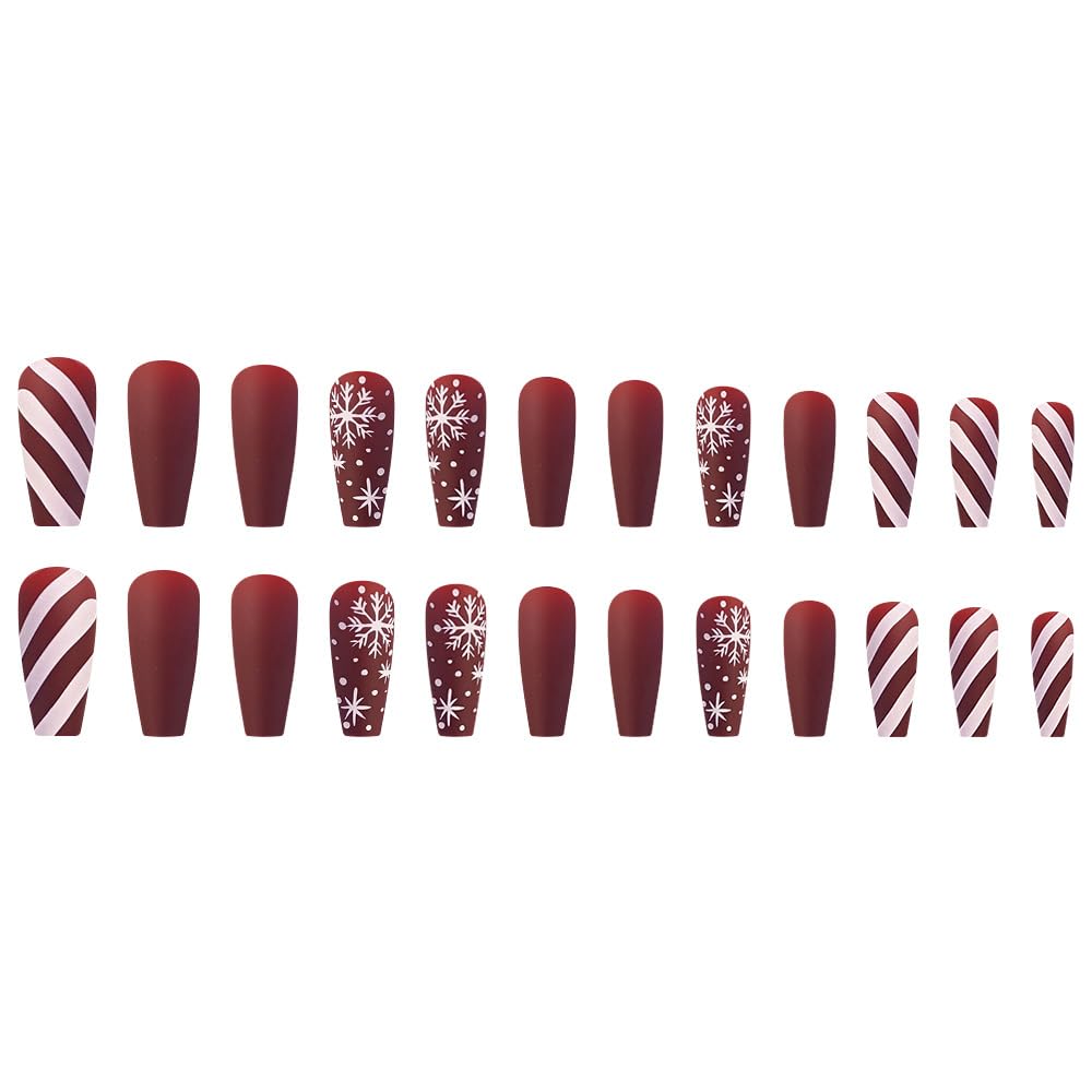Christmas Press on Long Coffin False Nails Red Matte with Design Snowflake White Stripe Glue on Full Cover Winter Xmas Acrylic Stick on Nails for Women Manicure 24 Pcs