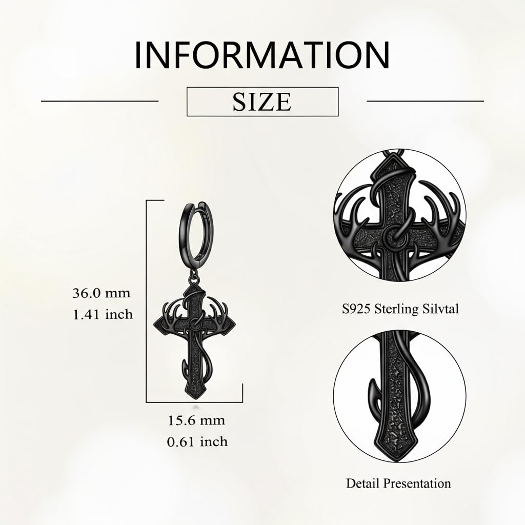 Fish Hook Cross Earrings for Men Women Sterling Silver Hunting Cross Dangle Earrings Religious Jewelry Gifts