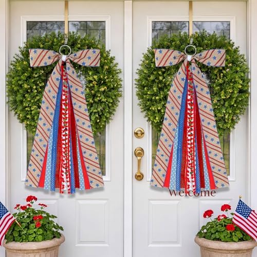 Suncalla 2 Pcs Patriotic Star Ribbon Bow for Wreath Sash for Front Door