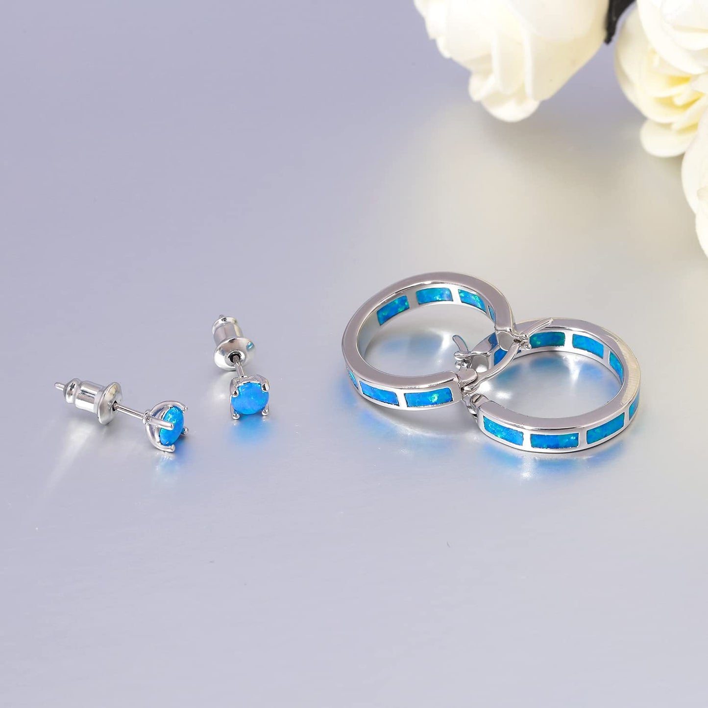 CiNily 2 Pairs Hoop Earring Set for Women Blue Opal Small Hoop Earring Silver Plated Hypoallergenic Opal Stud Earrings