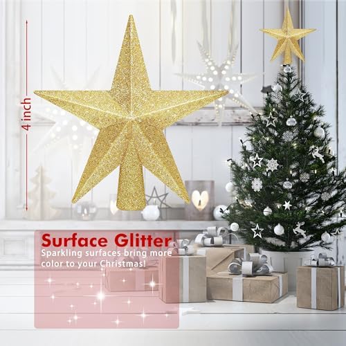 1 PCS Christmas Tree Topper, 4" Gold Glitter Xmas Star Tree Topper Decor