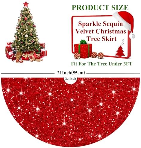 FUHSY Christmas Fall Tree Skirt 21 Inch Diameter Red Velvet Fabric Soft Metallic Tree Cover Mat Glitter Embroidered and Sequined Tree Skirts for Christmas Tree Decorations and Ornaments