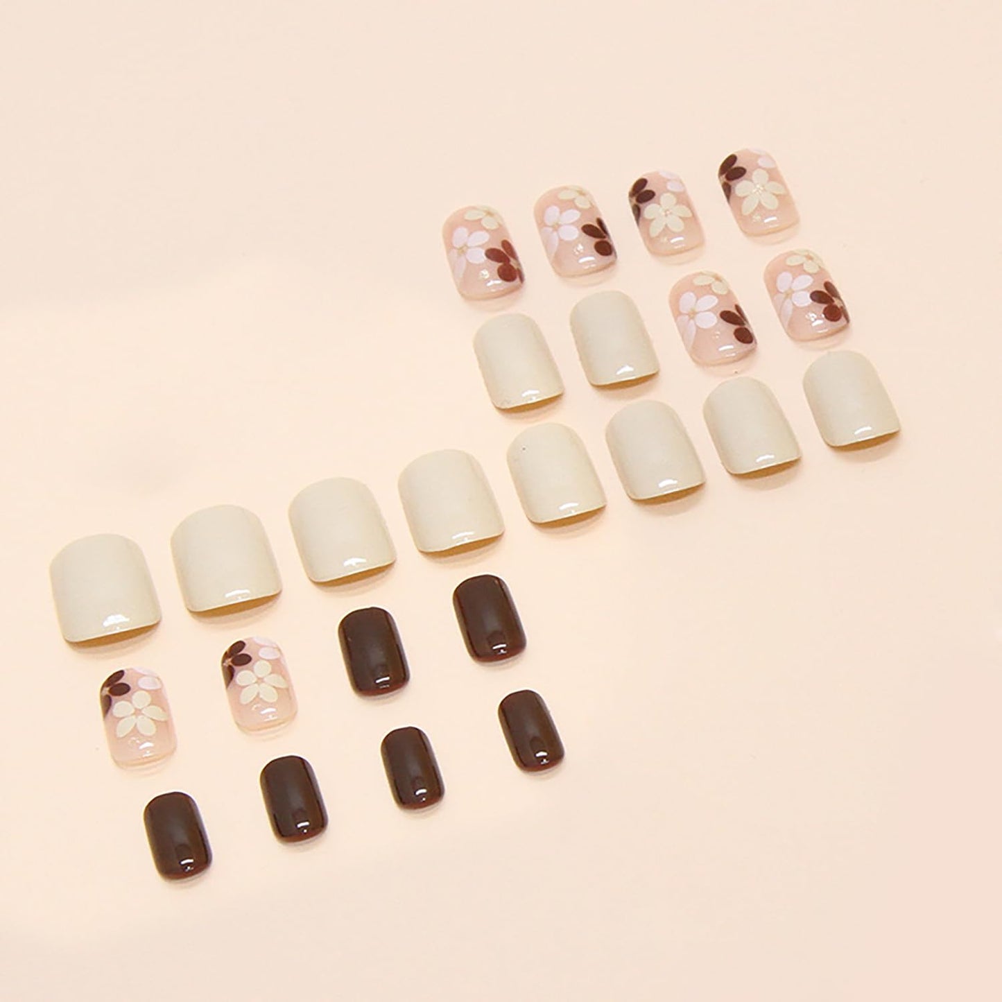 Flower Press Short Square False Nails - Light Brown Full Cover Glossy Acrylic Artificial Stick-On Nails - Solid Color Reusable Glue-On Manicure Kit for Women