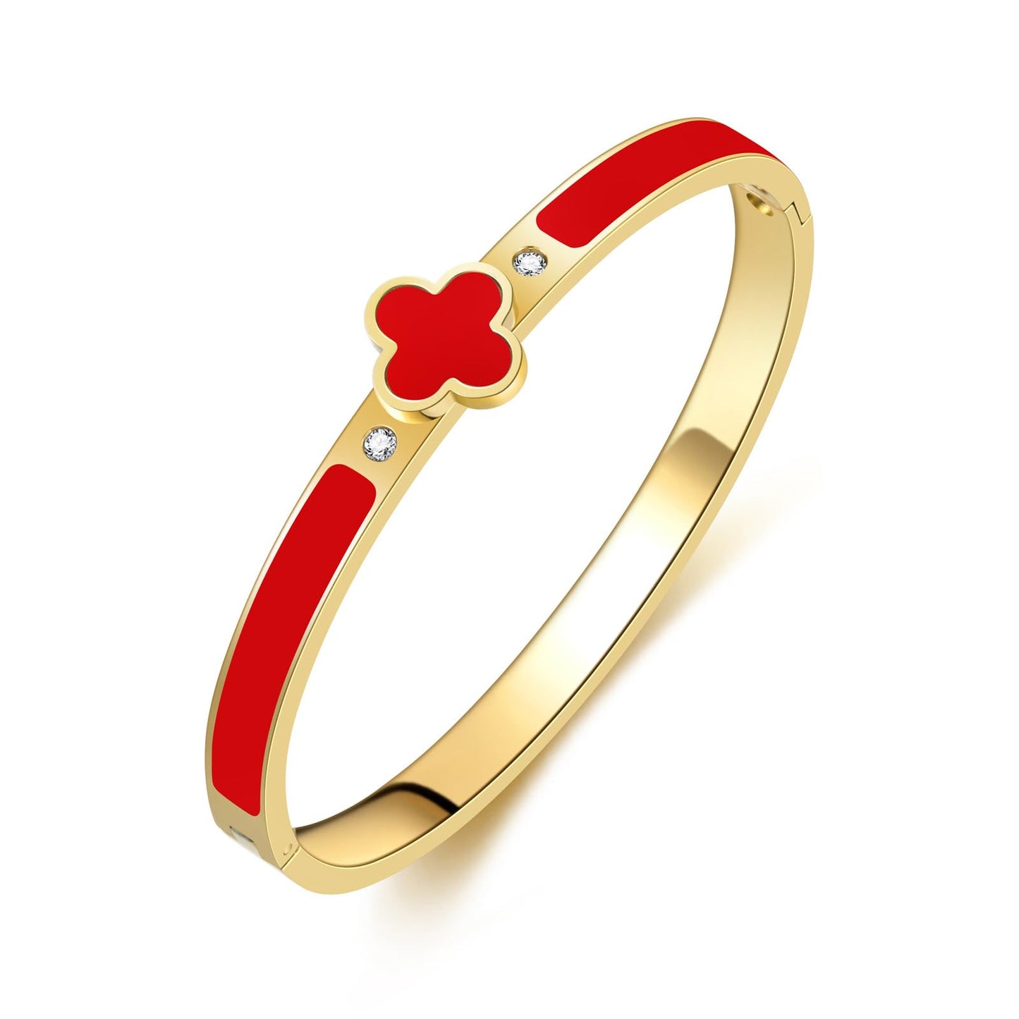 KYJAC 18k Gold Plated Stainless Steel Four Leaf Clover Bracelet for Women - Non-Tarnish, Precision Polished Chunky Oval Bangle in Black, White, Pink, Red Clover Bangle