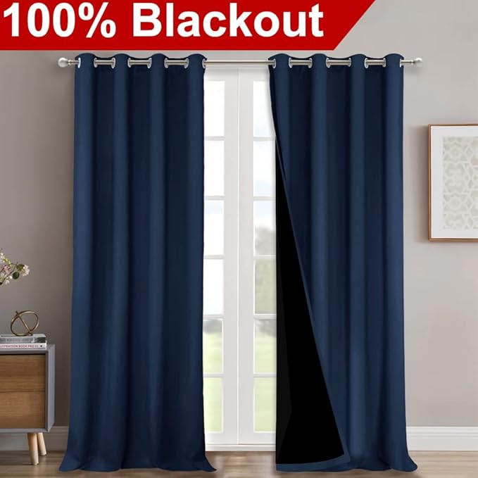 NICETOWN 100% Blackout Curtain Set, Thermal Insulated & Energy Efficiency Window Draperies for Guest Room, Full Shading Panels for Shift Worker and Light Sleepers, Navy Blue, 52W x 102L, 2 PCs