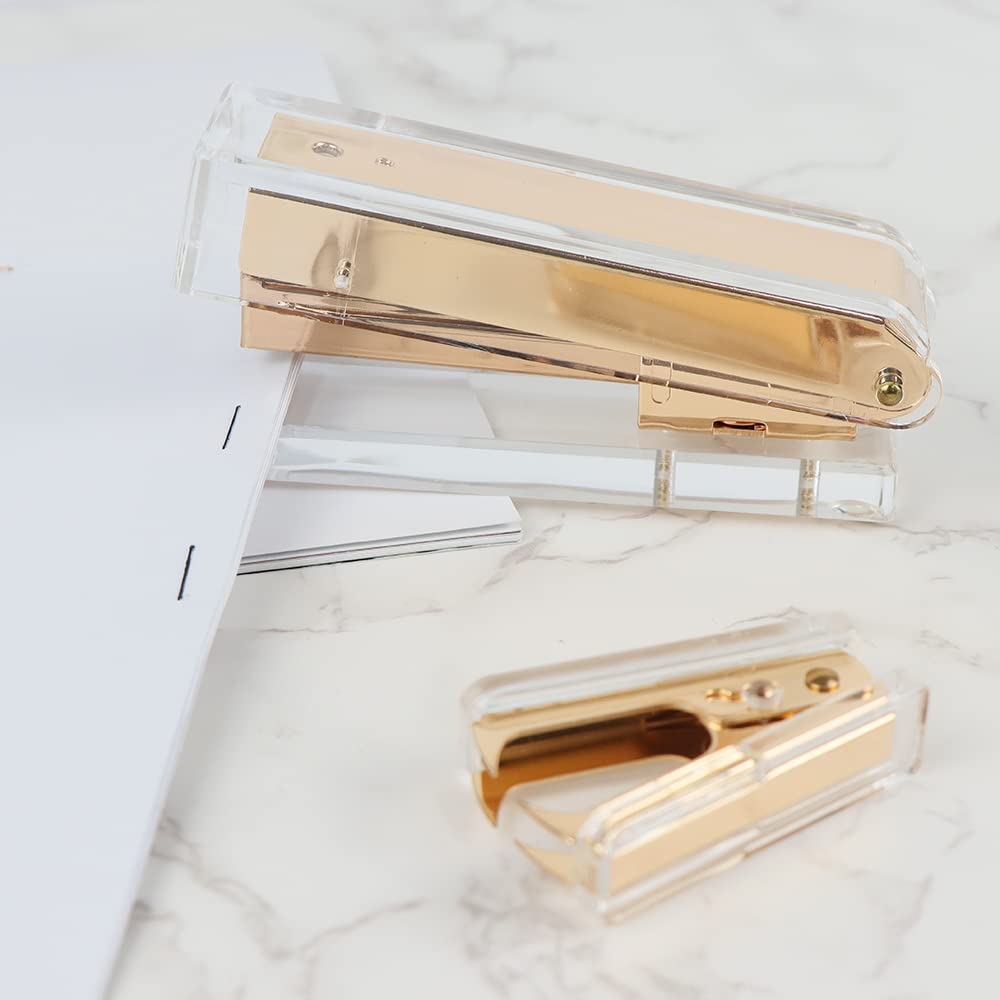 Office Stapler Staples Remover Set, Clear Acrylic Dark Gold Tone Desk Executive Manual Staplers and Staple Remover Tool for Desktop Accessories Supplies