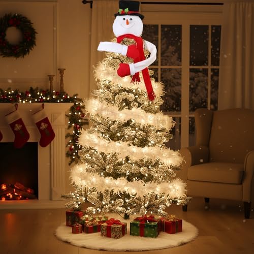 Hoolerry 3 Pcs Christmas Decoration Set Include Snowman Tree Topper White Christmas Tree Skirt and Feather Ribbon Garland Trim for Winter Wonderland Party Indoor and Outdoor Decorations