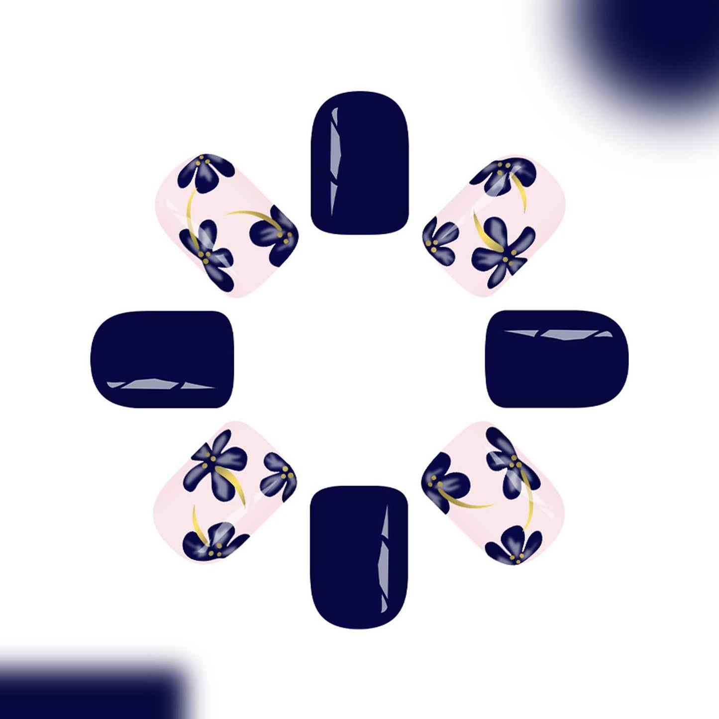 24pcs Square Press On Nails Short Fake Nails Dark Blue False Nails With Flower Design Full Cover Acrylic Reusable Spring Glue On Nail Summer Cute Stick On Nail For Women Manicure