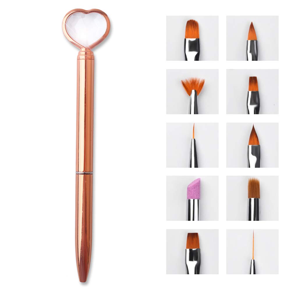 SILPECWEE Acrylic Nail Brush Set, 10-Piece Replacement Head- Liner, Oval, Flat, Angled, Fan, Ombre, Pumice Stone, Drawing Nail Design Tool Nail Art Brushes Nail Polish Brush Manicure Brushes