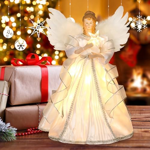 HMASYO Christmas Tree Topper Angel with Timer Lights, 12" Angel Tree Toppers with White Feather Wings, Star Light, Remote Control and USB Power Xmas Treetop Decor for Indoor Office Holiday Party