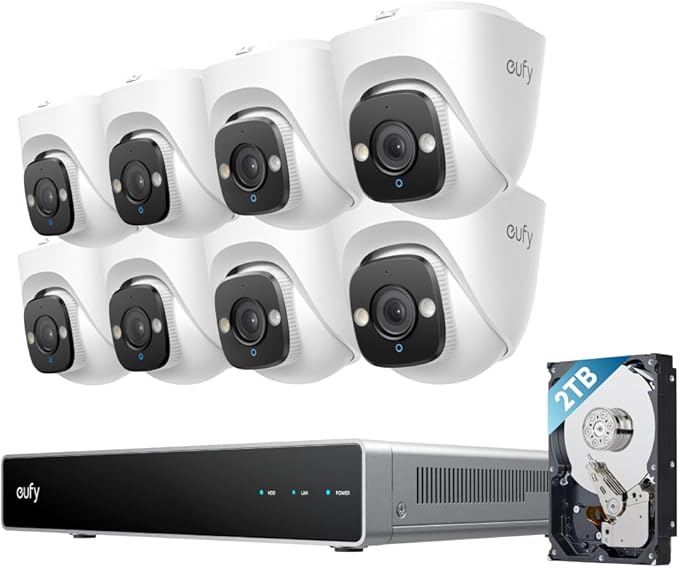 eufy PoE NVR Security System E41,24/7 Recording,Up to 16CH, 2TB HDD, 8 4K Turret Cams, Wired Outdoor Cam, 4K UHD, 122° FOV, Color Night Vision, AI Detection, Red and Blue Strobe