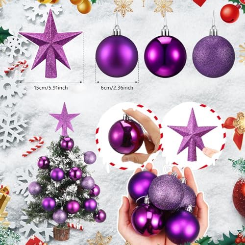 RoundFunny 25 Pcs Mini Christmas Balls Ornaments Set 2.36 Inch Christmas Day Ball Topper Star Tree Hanging Ornaments for Party Decoration(Purple)