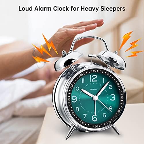 Peakeep Loud Alarm Clock for Heavy Sleepers Adults, Metal 4.5 Inches | Twin Bell Battery Operated Analog Alarm Clocks for Bedrooms Kids' Room Decoration (Peacock Green)