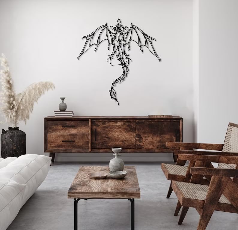 Dragon Metal Wall Art | Legendary Fantastic Dragon Wall Decor | Mythologic Wall Hanging | Man Cave Decorative | Mythic Wyvern Sculpture for Living Room Bedroom Game Room (Black - 47.2'' x 45 / 119 x