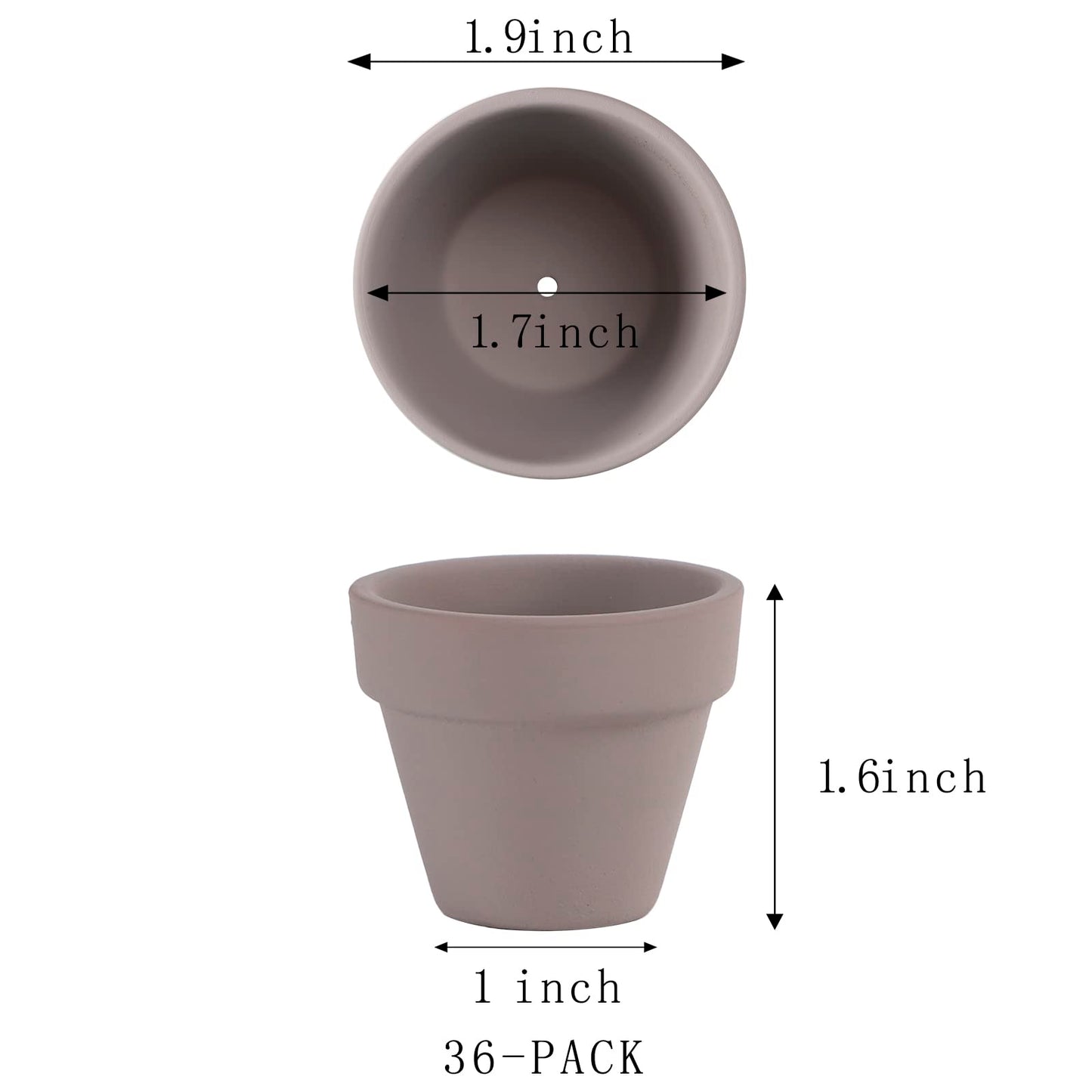 36 Mini Grey Flower Pots - 2 inch Clay, Cactus & Succulent Nursery Pots with Drainage Holes, Indoor/Outdoor Suitable