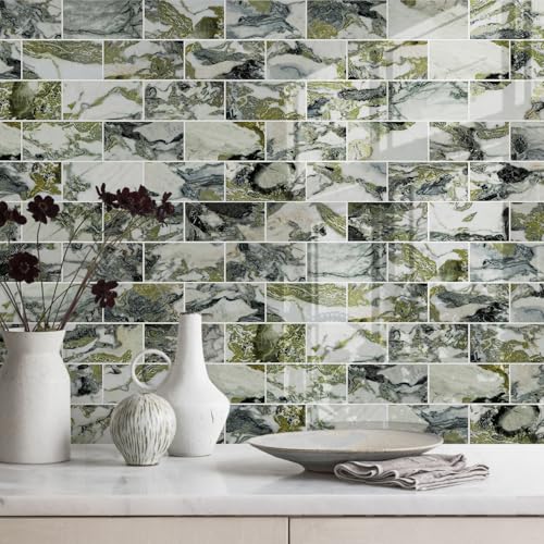 Vamos Tile 100-Piece Glossy Ice Green Peel and Stick Backsplash Tile,3''x6'' PVC Subway Tile with White Grout,Stick on Backsplash for Kitchen/Bathroom/Fireplace - color: Ice Green