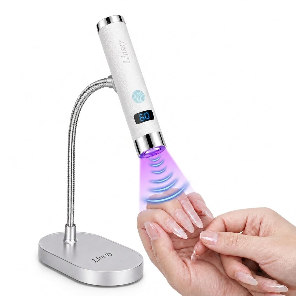 Linssy Mini UV Light for Nails with Auto Sensor & Gooseneck Stand,Portable Cordless Nail Lamp Flash Cure Lamp with LCD Display,Handheld UV Light for Gel Nails at Salon & Home Use (White)