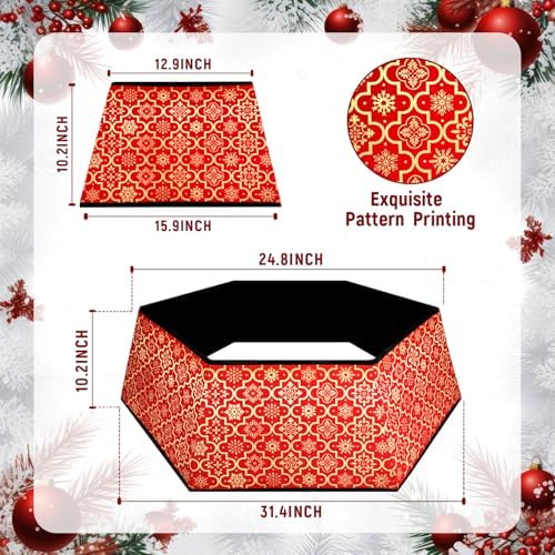 Christmas Tree Collar, Red Christmas Tree Collar, Gold Snowflake Christmas Trees Skirt, Square Christmas Trees Ring, Foldable Hexagon Xmas Tree Skirt, Snowflake Decor for Holiday Party Home, 31 inch