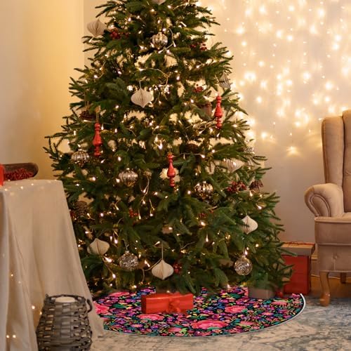 Mexican Flowers Christmas Tree Skirt 48 Inch Xmas Tree Mat Party Decor with Mexican Flowers Red Christmas Decorations Ornaments for Winter Holiday Decor