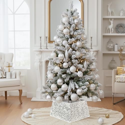 XmasExp Christmas Tree Collar, 24 inch Sequin Tree Skirt Stand Base Cover for Home Decor, Medium Size 4 Piece, White