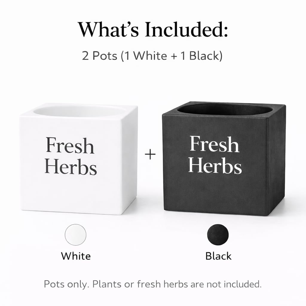 Fresh Herbs Planter Set of 2 (White & Black), 3.94'' Square Indoor Herb Pots for Kitchen Countertop, Modern Minimal Planters for Home Décor