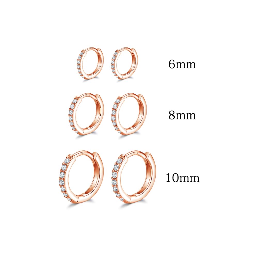 Rose Gold Sterling Silver Hoop Earrings Sterling Silver Stud Earrings for Women 6 Pairs Hypoallergenic Tiny Cubic Zirconia Stud Set Cartilage Hoops 6mm 8mm 10mm