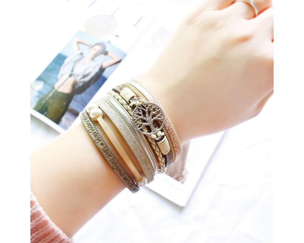 Fesciory Leopard Bracelet for Women, Boho Leather Wrap Multi-Layer Pearl Crystal Bracelet Bangle Jewelry(Tree of Life(Beige))