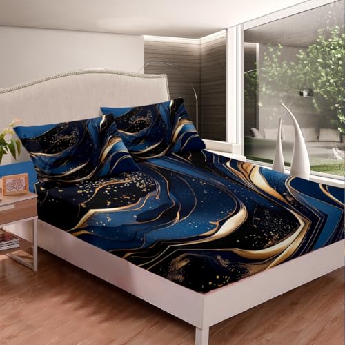 Feelyou Geometric Bed Sheets Set King Size Modern Art Bedding Set for Kids Boys Girls Modern Marble Aesthetic Sheets with Deep Pocket Fitted Sheet Abstract Marble Texture Printed Bedding Set - color: Dark Blue, size: King