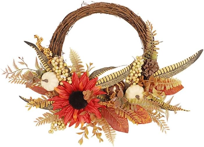 Fall Wreaths for Front Door, Autumn Wreath with Pumpkins, Berries and Leaves for Indoor Outdoor Porch Thanksgiving Farmhouse Harvest Halloween Home Décor (White Pumpkin)
