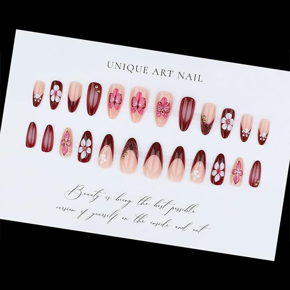 French Press on Nails Medium Almond Fake Nails 3D Flower Nail Press ons with Gold Pearl Gradient Designs Spring Summer False Nails Red Full Cover Glue on Nail for Women Manicure