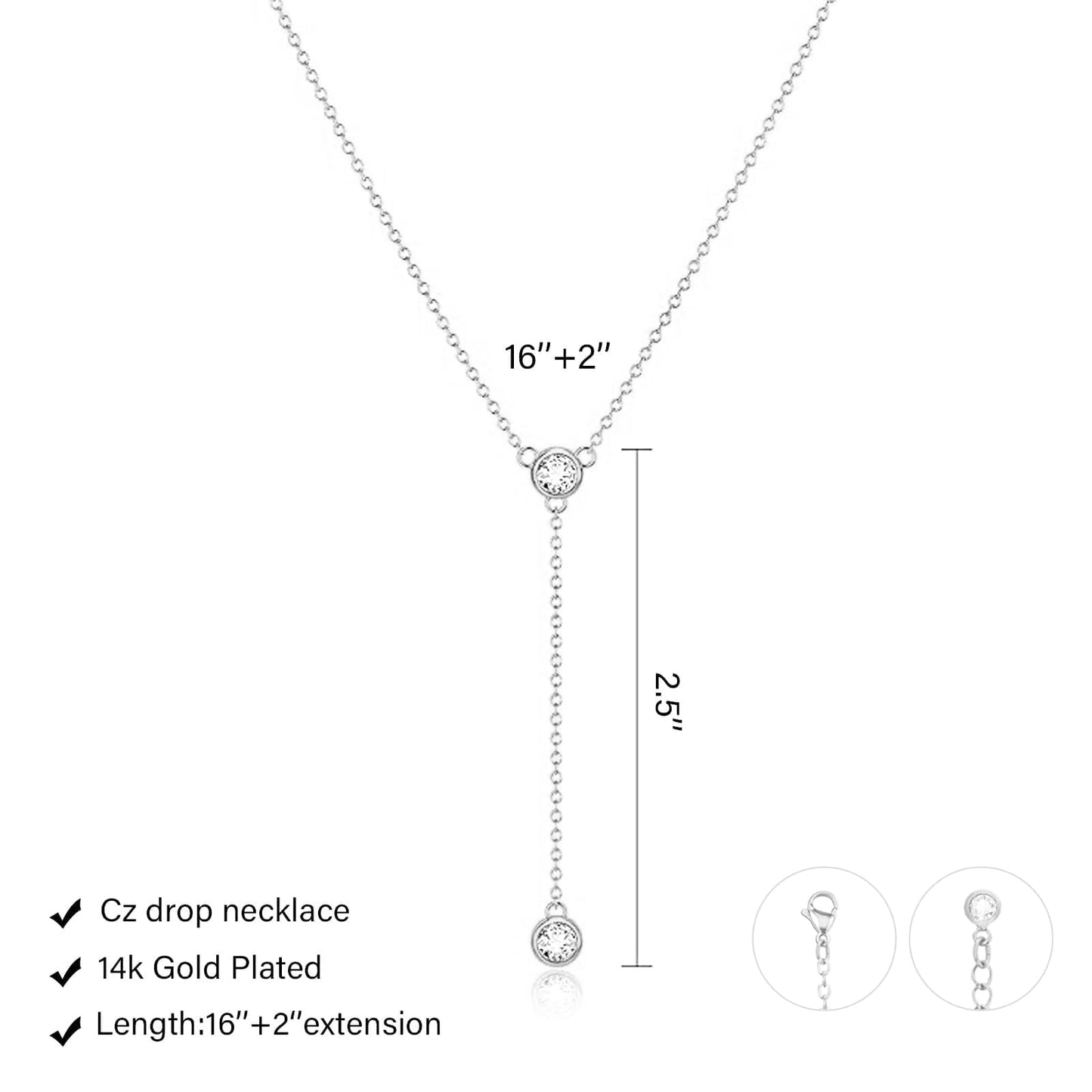 Zeffy Long Silver Necklace for Women- Dainty Silver Plated Teardrop Drop Lariat Necklace Trendy Simple CZ Y-Shaped Body Chain Stack Wedding Prom Dangle Statement Necklace Jewelry