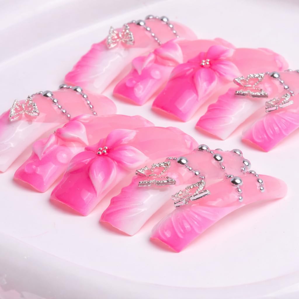 IntoVibes Handmade 10 Pcs Curved Press On Nails, Long Pink Gradient False Nails with 3D Flowers, Butterfly Rhinestone Charms and Glossy Finish (M)