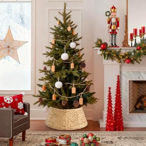 Sweetcrispy 36-inch Christmas Tree Collar for 8-11ft Trees, Woven Hyacinth Rattan 4-Panel Collar w/Cord Access Hole & Easy Lock Design, Handwoven, Natural