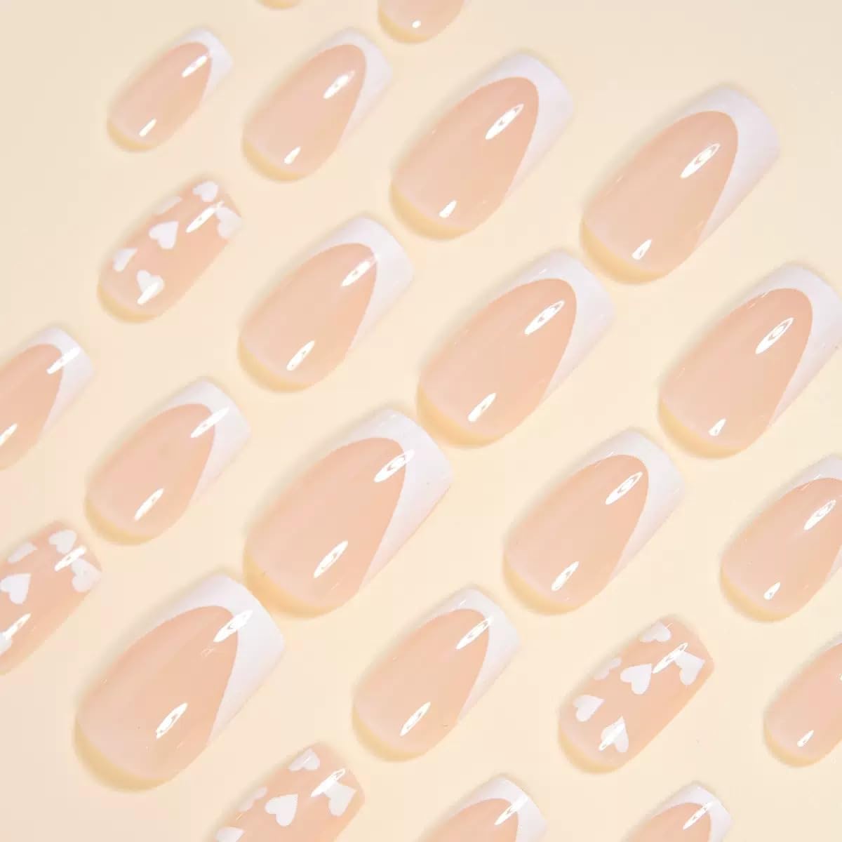 Medium Press on Nails Square - White French Tip False Nails with Heart Design - Glossy Full Cover Stick on Fake Nails for Women Manicure 24 Pcs