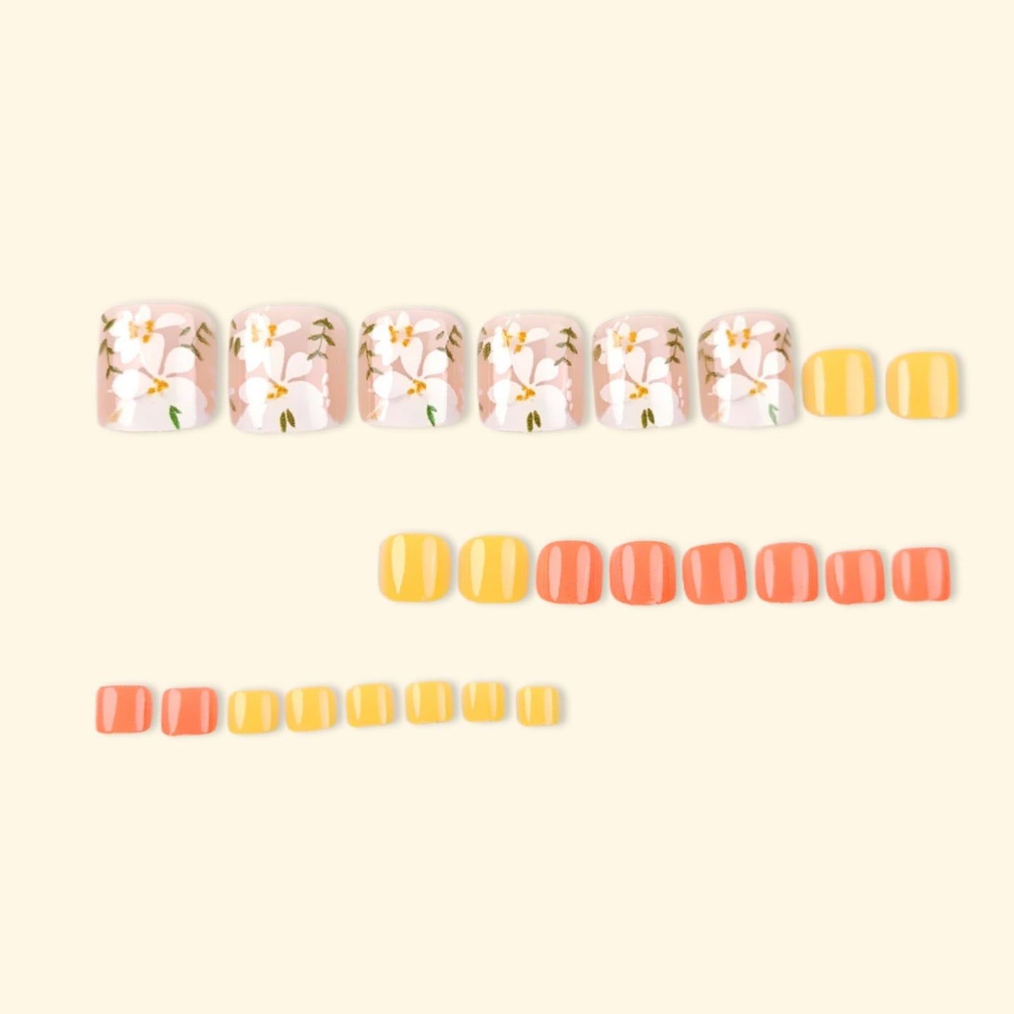 Flower Press on Toenails Short Square Fake Toe Nails Orange False Toenails Glossy Full Cover Acrylic Glue on Toenails Cute Toe Nails Artificial Stick on Toenails for Women Manicure 24 Pcs